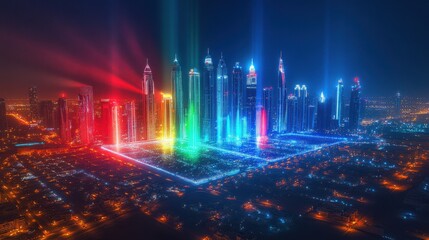 Fototapeta premium A stunning aerial view of Dubai’s illuminated skyscrapers at night, with vibrant neon lights and towering buildings creating a futuristic and festive atmosphere for UAE National Day.