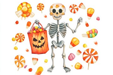 Fototapeta premium A cheerful skeleton holds a jack-o'-lantern candy bag surrounded by an array of colorful Halloween candies, exuding a playful and festive spirit to celebrate the season.