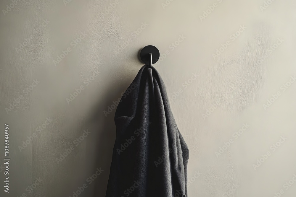 Poster a piece of black fabric elegantly drapes over a hook on a modern wall. the composition highlights si