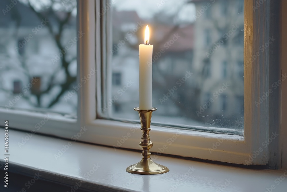 Poster a single candle rests on a windowsill, casting a warm glow against cold glass as dusk falls outside.