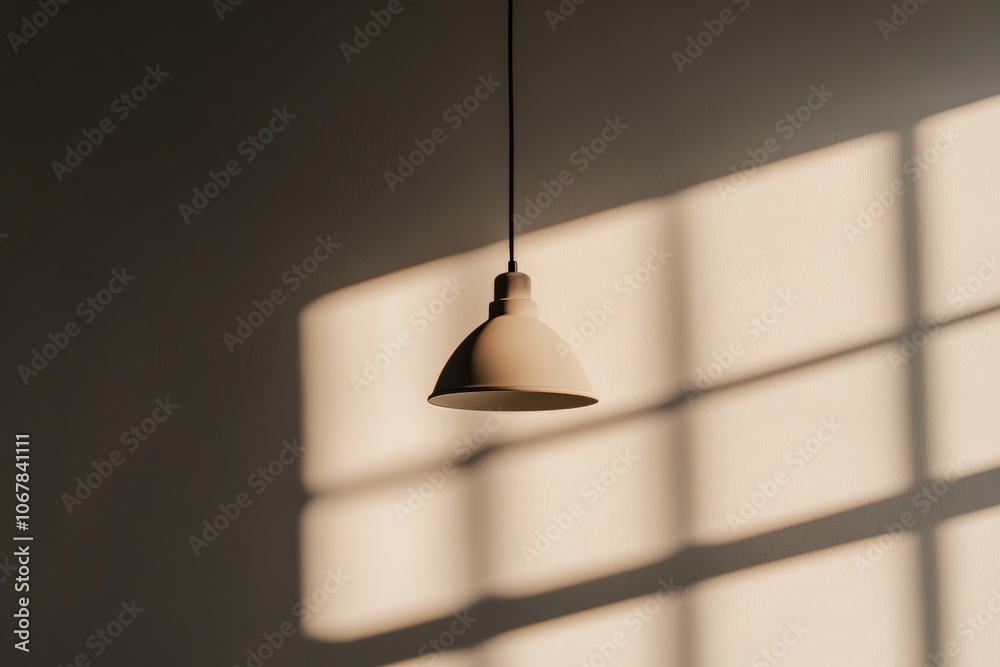 Leinwandbilder A stylish hanging lamp is centered with light and shadow patterns from a window on the wall, offering a blend of modern design and warm atmospheric aesthetics.