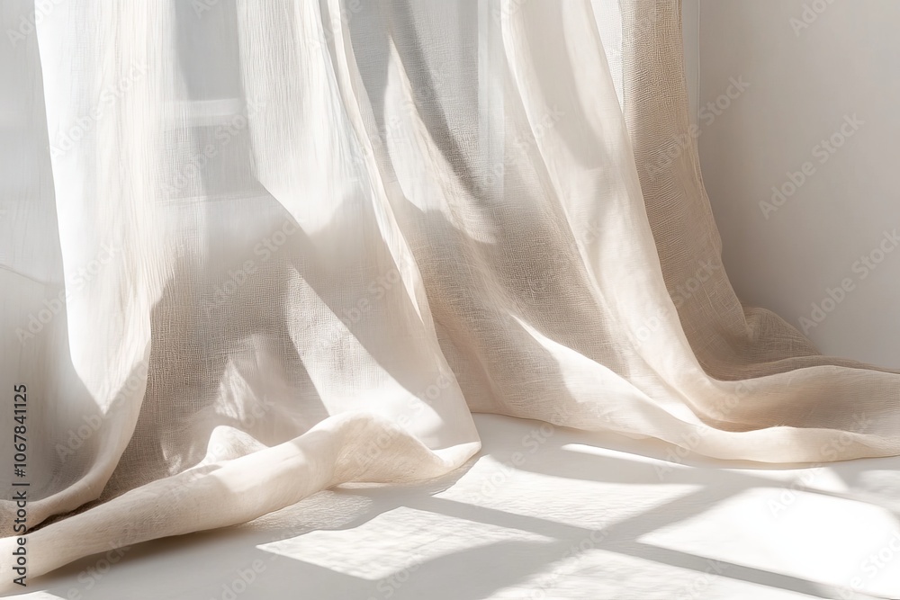 Poster Beige curtains hang beautifully in a sunlit room, softly allowing sunlight to create gentle patterns, enhancing the tranquil and warm atmosphere of the space.