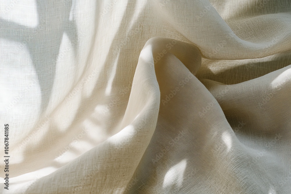 Aufkleber The image displays a flowing beige fabric with soft shadows cast by dappled sunlight, creating a sense of warmth and tranquility, ideal for a cozy setting.