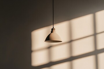 A stylish hanging lamp is centered with light and shadow patterns from a window on the wall, offering a blend of modern design and warm atmospheric aesthetics.