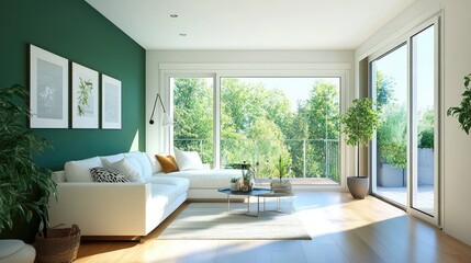 Minimalist living room with white sofa, green accent wall, potted plants, and soft natural light