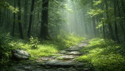 Fototapeta premium A stone path leads through a dense forest. The path is covered in a soft layer of greenery and leads to a mysterious light in the distance.
