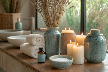 Elegant bathroom set with sea salt and essential oils, arranged with candles and towels, creating a soothing spa-like atmosphere with natural wellness products.
