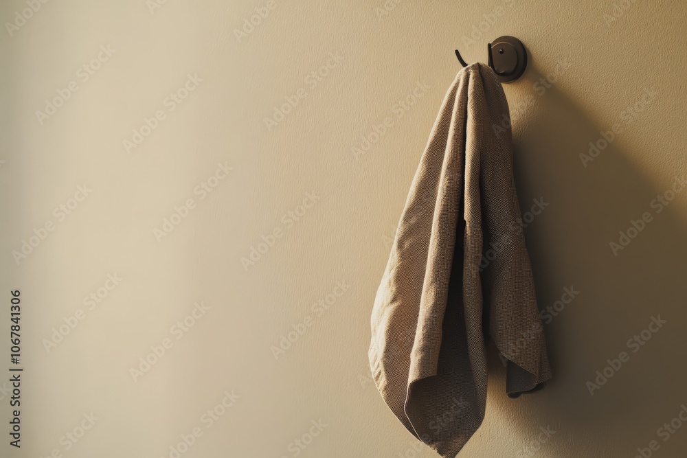 Poster A beige towel is casually draped over a dark round hook affixed to a wall, presenting an everyday object in a minimalist setting, evoking a sense of simplicity.