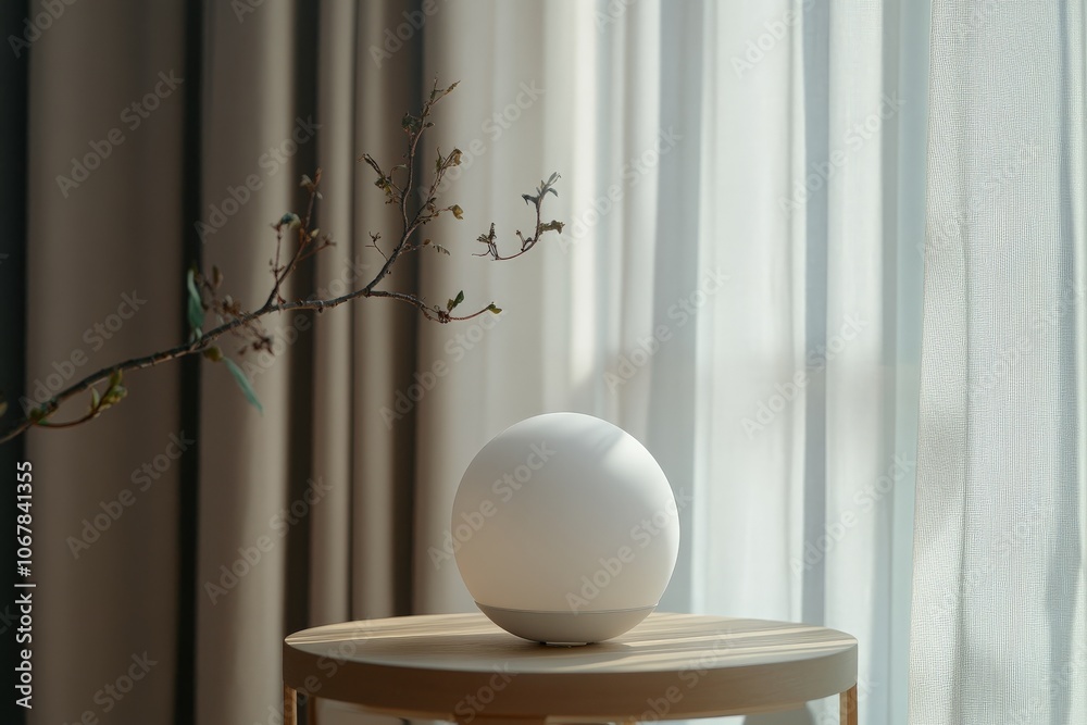 Leinwandbilder A smooth, round lamp sits on a wooden table, casting soft light by a curtained window, with a delicate branch extending from the side, creating a minimalist scene.