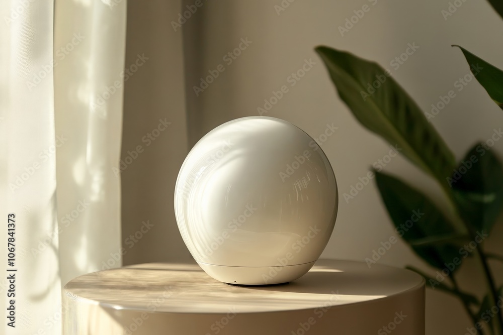Poster A glossy, spherical lamp reflects rays of sunlight as it sits on a wooden table, creating a tranquil and modern style with a touch of nature from nearby leaves.