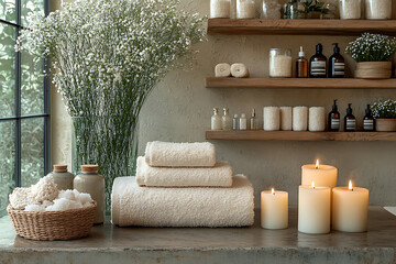 Elegant bathroom set with sea salt and essential oils, arranged with candles and towels, creating a soothing spa-like atmosphere with natural wellness products.
