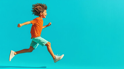 Fototapeta premium Boy Sprinting with Joyful Expression Against Bright Turquoise Background
