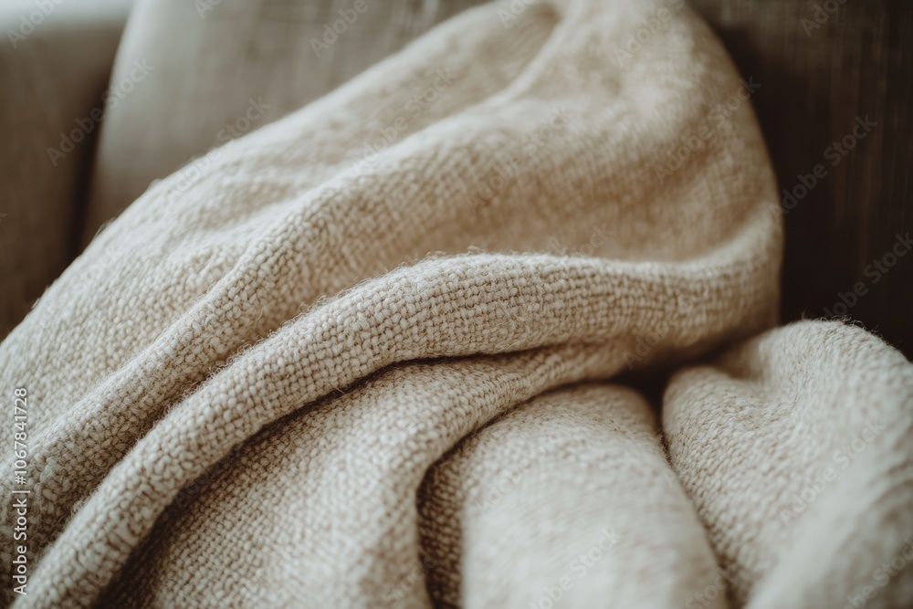 Poster a close-up view of a soft and textured fabric, showcasing its intricate weave and natural warmth, id