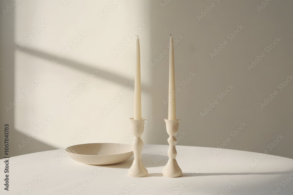 Poster Two tall, ivory candles in sculpted holders are placed on a simple white table, accompanied by a shallow dish, casting soft shadows in a minimalist space.