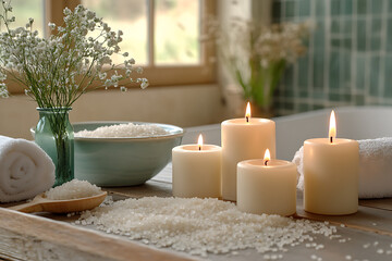 Elegant bathroom set with sea salt and essential oils, arranged with candles and towels, creating a soothing spa-like atmosphere with natural wellness products.
