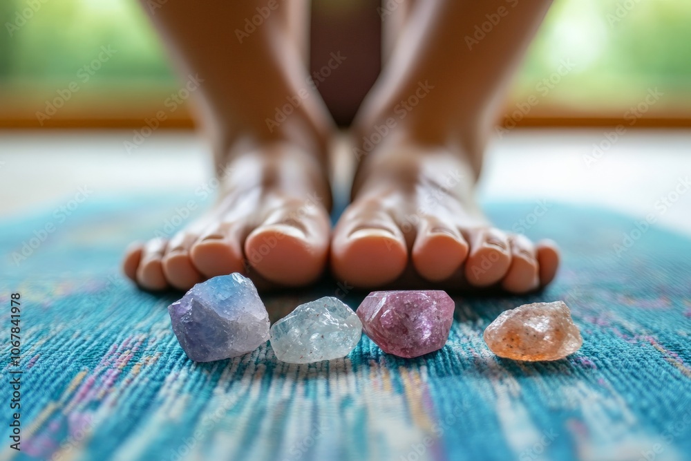 Poster close-up of three distinct gemstones sharply focused in the forefront, with feet softly out of focus