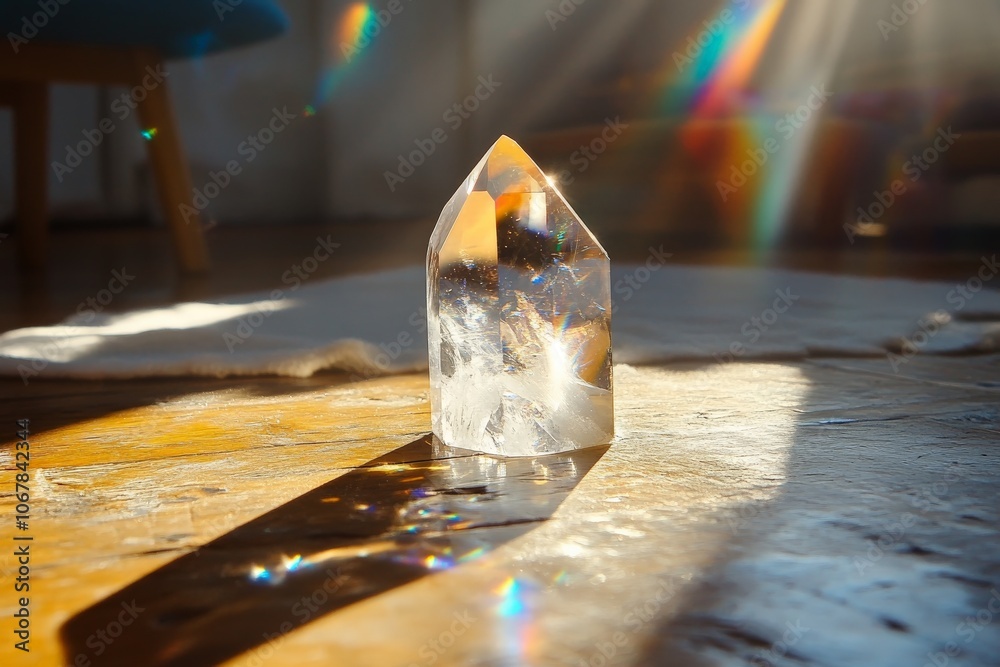 Poster sunlight filters through a translucent crystal piece placed on the wooden floor, creating mesmerizin