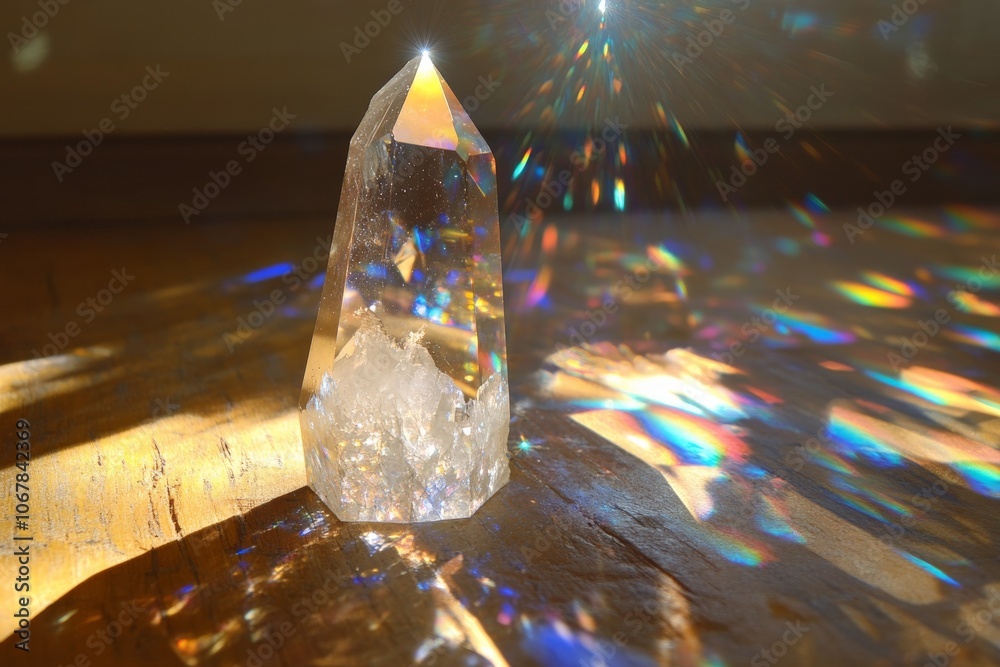 Poster a striking crystal reflects sunlight across the wooden floor, casting vibrant prisms and transformin