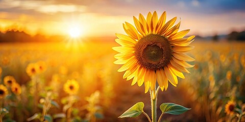 Fototapeta premium A golden sunflower standing alone in a field with warm light, bright, golden sunflower