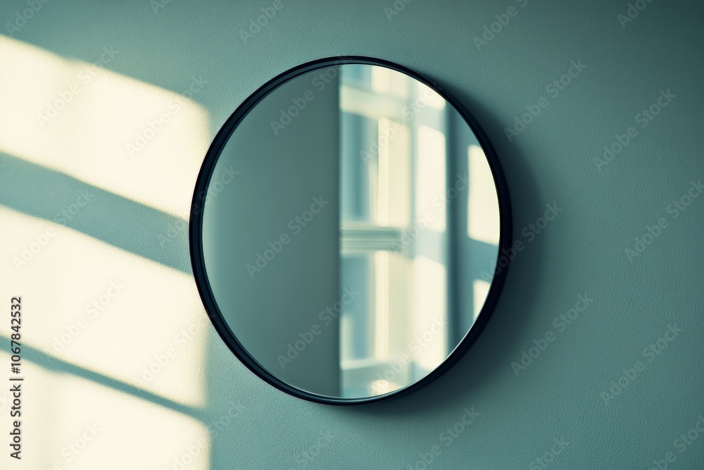 Poster a photograph capturing a simple, round mirror hanging on a wall, reflecting softly patterned light f