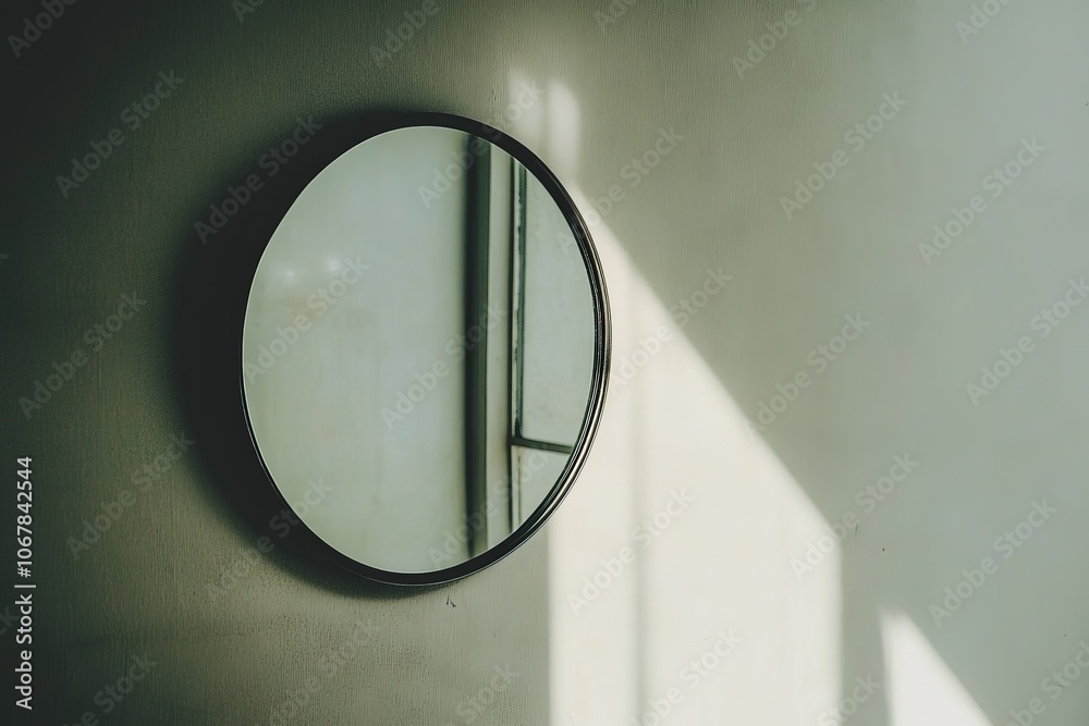 Aufkleber a round mirror is mounted on a wall, reflecting bright sunlight from a nearby window, creating a sta