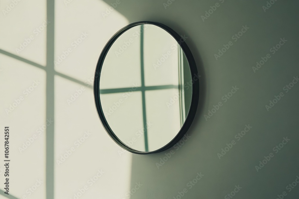 Aufkleber A circular mirror presents a reflection of a window casting a geometric grid of shadows across the smooth wall, creating a harmonious aesthetic design statement.