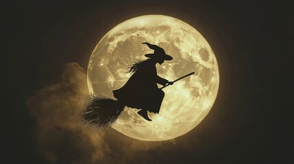 Cartoon character of witch flying on broom over moon. Halloween decoration elements.