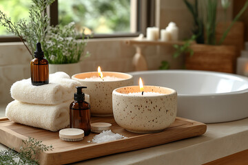 Elegant bathroom set with sea salt and essential oils, arranged with candles and towels, creating a soothing spa-like atmosphere with natural wellness products.

