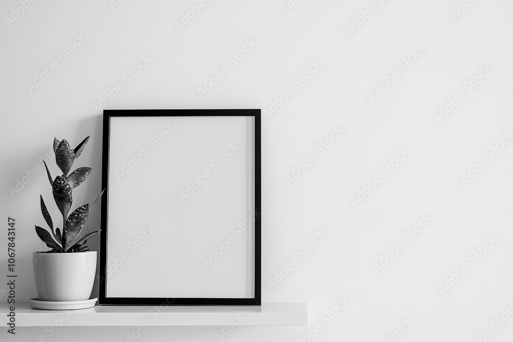 Poster Minimalist decor with a black framed empty picture frame placed on a white shelf, offering a clean and modern aesthetic look for a serene setting.