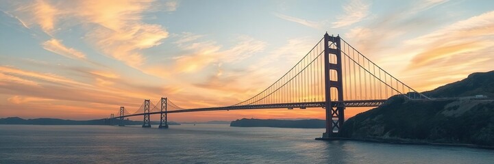 Fototapeta premium A majestic bridge soaring towards the endless horizon as the sun sets in a blaze of colors, tranquil, bridge