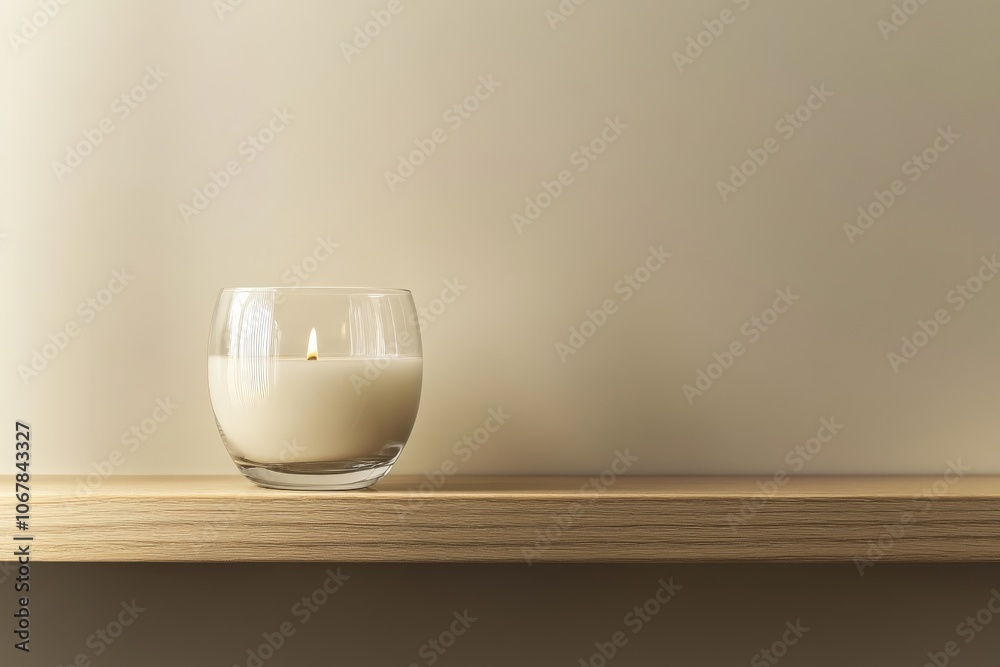 Aufkleber A single white candle sits elegantly on a wooden shelf, illuminated by warm ambient lighting ideal for creating a serene and calming atmosphere in any setting.