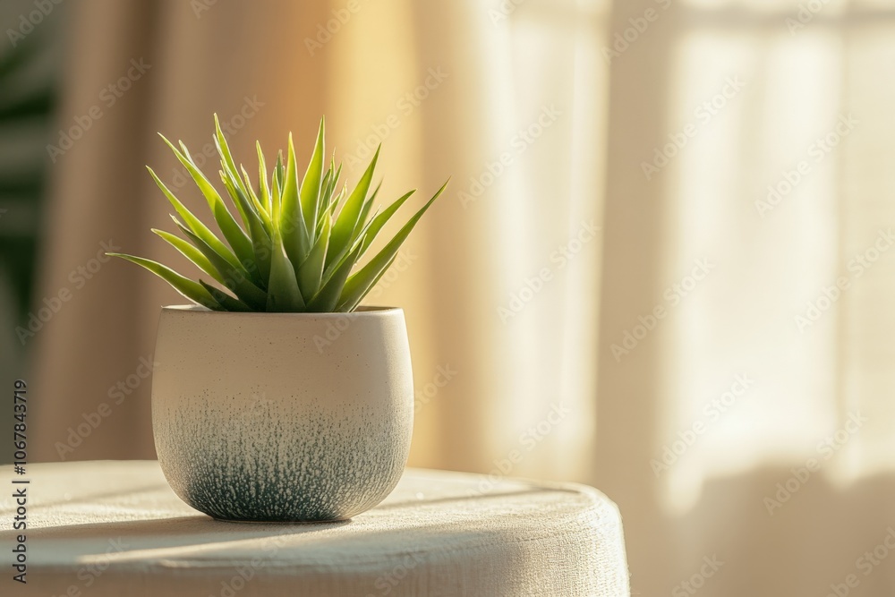 Aufkleber A small potted succulent basks in warm morning light, placed on a textured surface with a soft blur of sunlit curtains in the background, evoking tranquility.