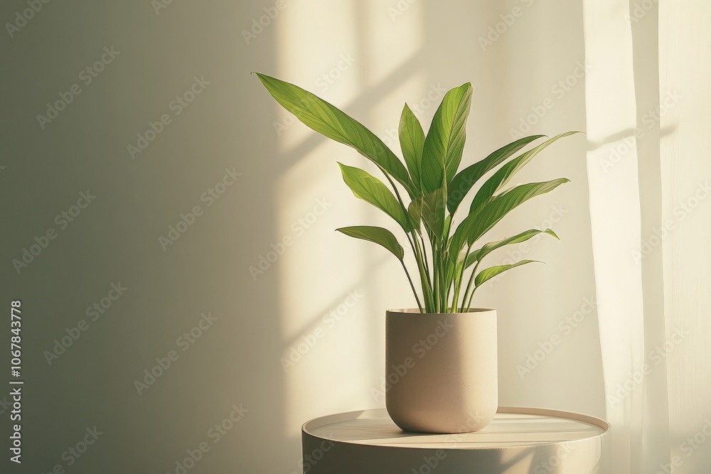 Poster A stylish tall plant with elongated leaves in a sleek white pot on a rounded table, highlighted by sunlight streaming through a window for an artistic effect.