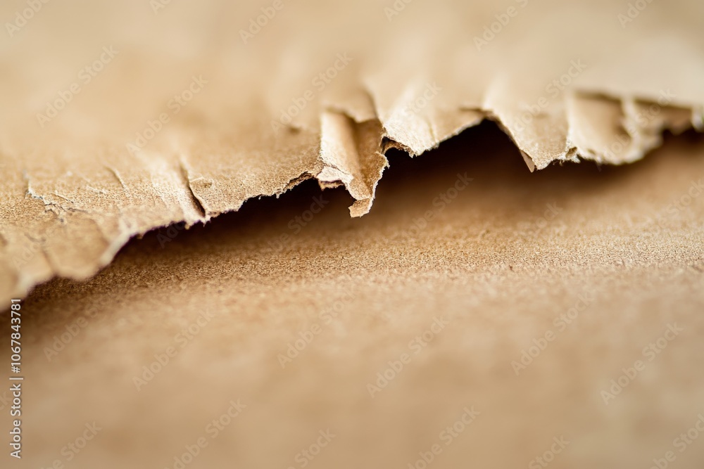 Aufkleber A close-up focus on the jagged ripped edges of brown paper, creating an intriguing abstract landscape with shadows and texture taking center stage for artistic allure.