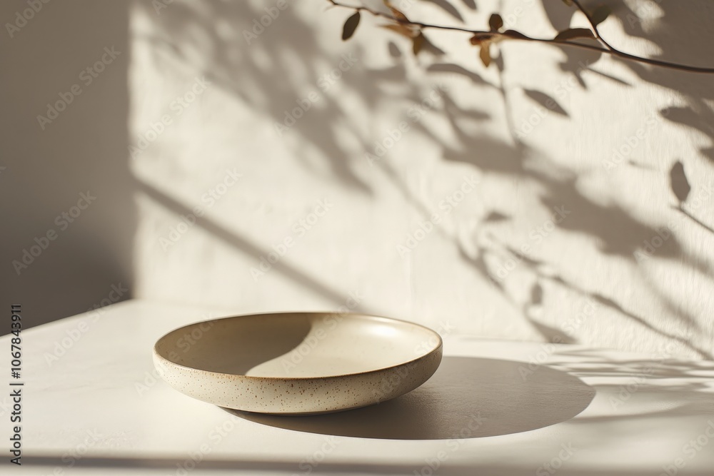 Poster A decorative ceramic dish is illuminated by soft light, creating captivating shadows and textures, reflective of elegance and minimalist design that evokes introspection.