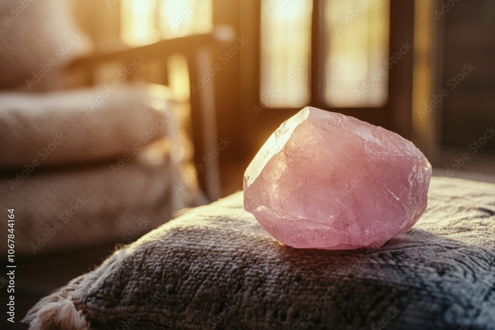 Aufkleber a large piece of rose quartz crystal sits on a textured fabric in a warmly lit setting, representing