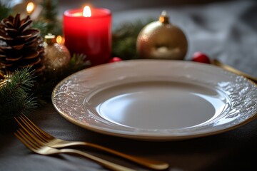 A delicate holiday table setting features a white plate, gold cutlery, and festive decorations like candles and pinecones, creating a cozy, festive atmosphere.