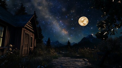 Naklejka premium A Cozy Cabin Under a Starry Sky with a Full Moon