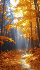 A misty forest path with golden leaves. Perfect for illustrating fall and nature themes.