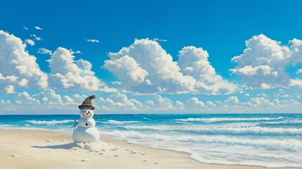 A snowman wearing a Santa hat stands on a sandy beach with blue ocean and a bright blue sky with white puffy clouds in the background.