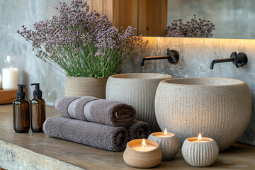 Elegant bathroom set with sea salt and essential oils, arranged with candles and towels, creating a soothing spa-like atmosphere with natural wellness products.
