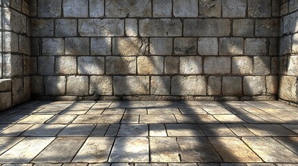 Empty room with stone walls and tiled floor, sun beams shining through a window.