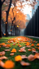 Fallen leaves on green grass with blurred background. This image depicts the beauty of autumn with a focus on the fallen leaves, perfect for themes of change, nature, and the end of a season.
