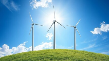 Fototapeta premium Wind turbines on a green hill, breathtaking view of clean energy and picturesque countryside landscape