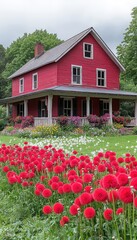 A red farmhouse with a porch and flowers in front. This photo represents a classic image of a country home with a beautiful garden.