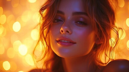 Close-up Portrait of a Woman with Warm Lights