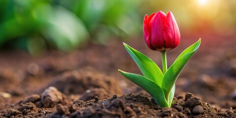 A single red tulip bulb emerging from the earth after a long winter's sleep., greenery, vibrant
