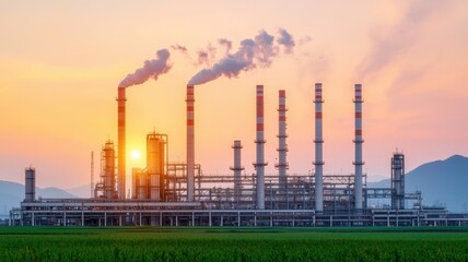 Obraz premium A large industrial facility with chimneys emitting smoke at sunset, surrounded by greenery and mountains in the background.