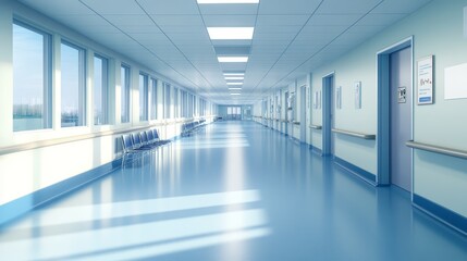 Long illuminated hallway with a row of large windows and natural light bright