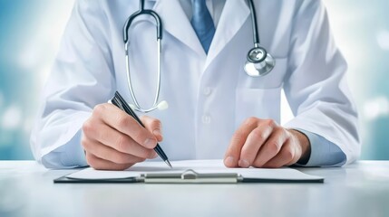 Doctor writing medical notes on clipboard, accurate patient record keeping in healthcare